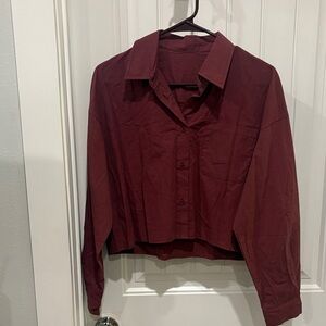 Women's Burgundy Button-Up Shirt crop length